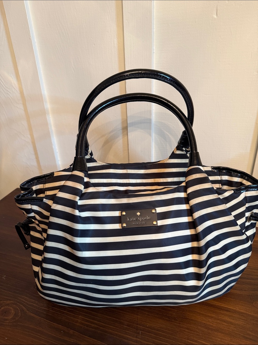 Kate Spade New York Black Cream Stripe Nylon Tote Bag Bow Detail Shoulder Purse